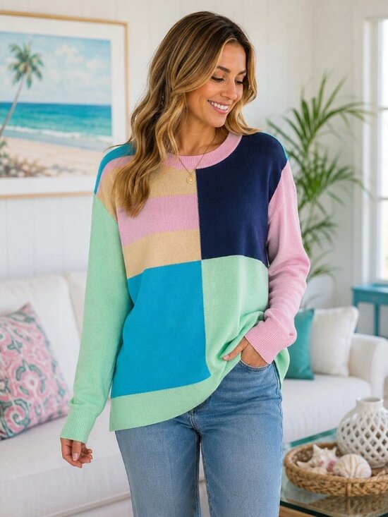 Lands' End Sweaters - Lands' End Pastel Color Block Boxy Sweater Relaxed Fit Crewneck Large